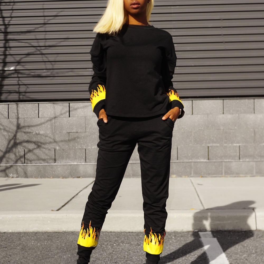 Black Yellow Red Fire Sweatsuit Set